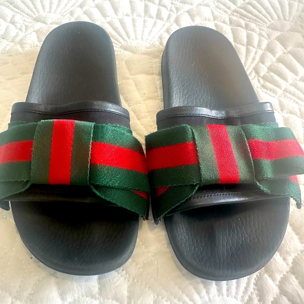 Gucci Sylvie Web Bow Slide Sandals Black Satin Upper Size 37 (size 7)